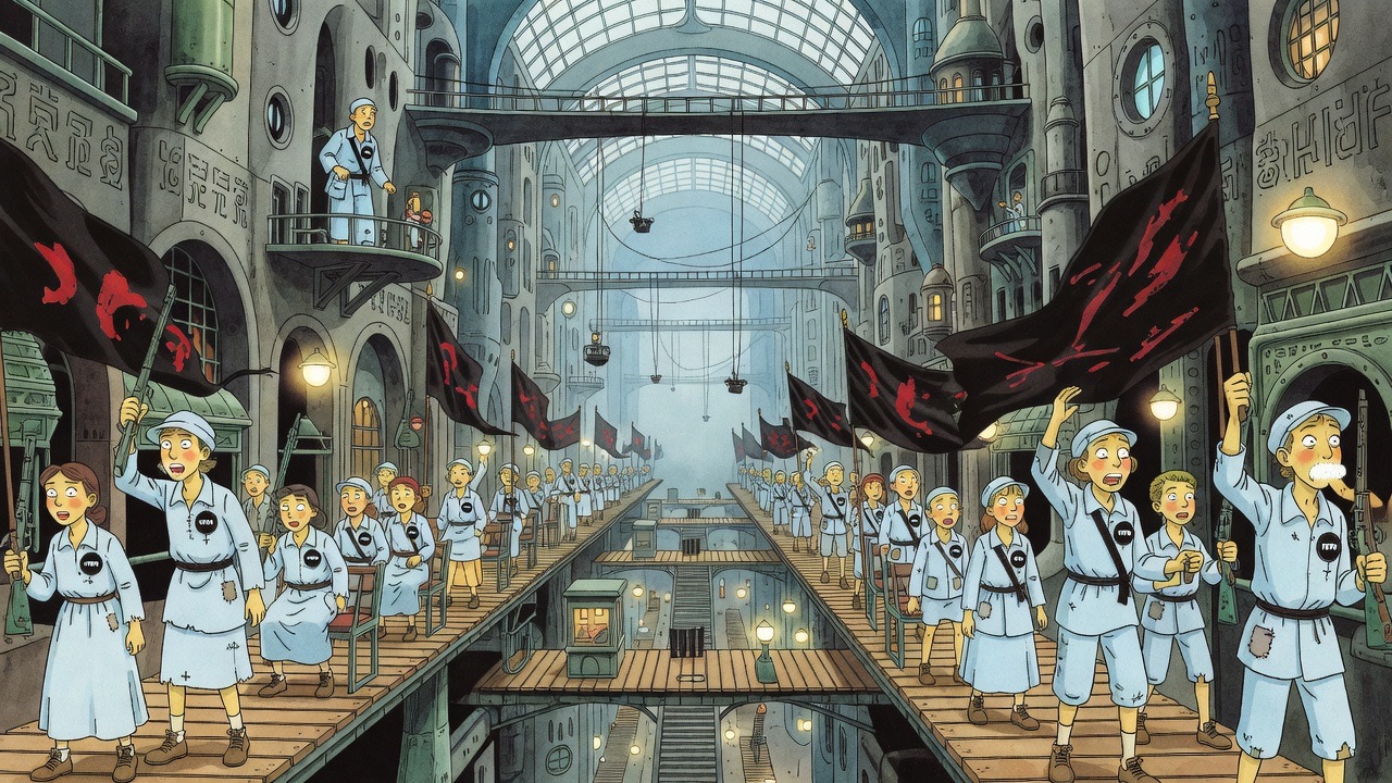 Across the ways, a long procession of blue-clad labourers rides past seated, holding black banners.