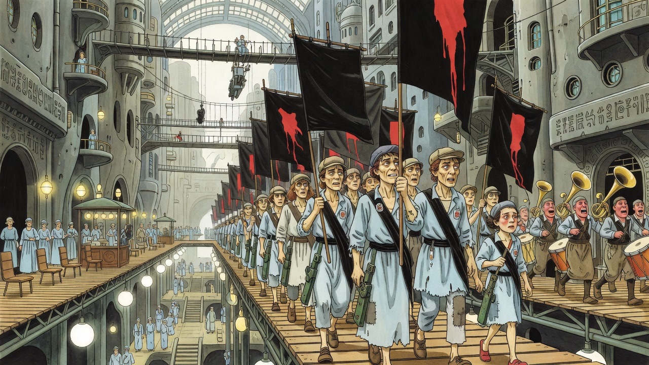 Low close view of coarse black banners with crude red daubs streaming past above hungry faces.