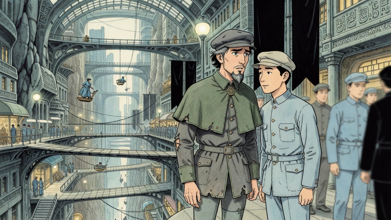 Asano leans close to Graham and nods at the hungry marchers; Graham frowns.
