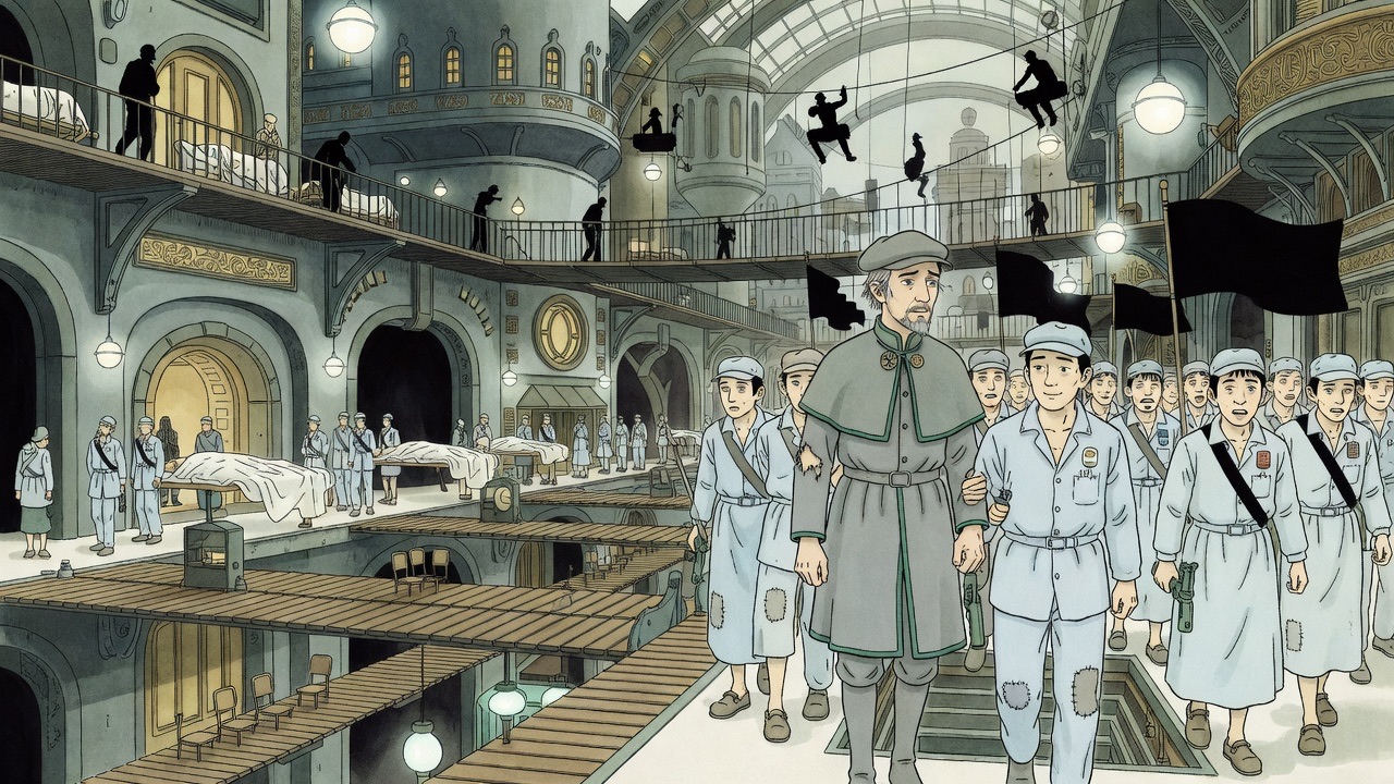 A crowd gapes at shrouded bodies carried along the way while Asano steers Graham aside.