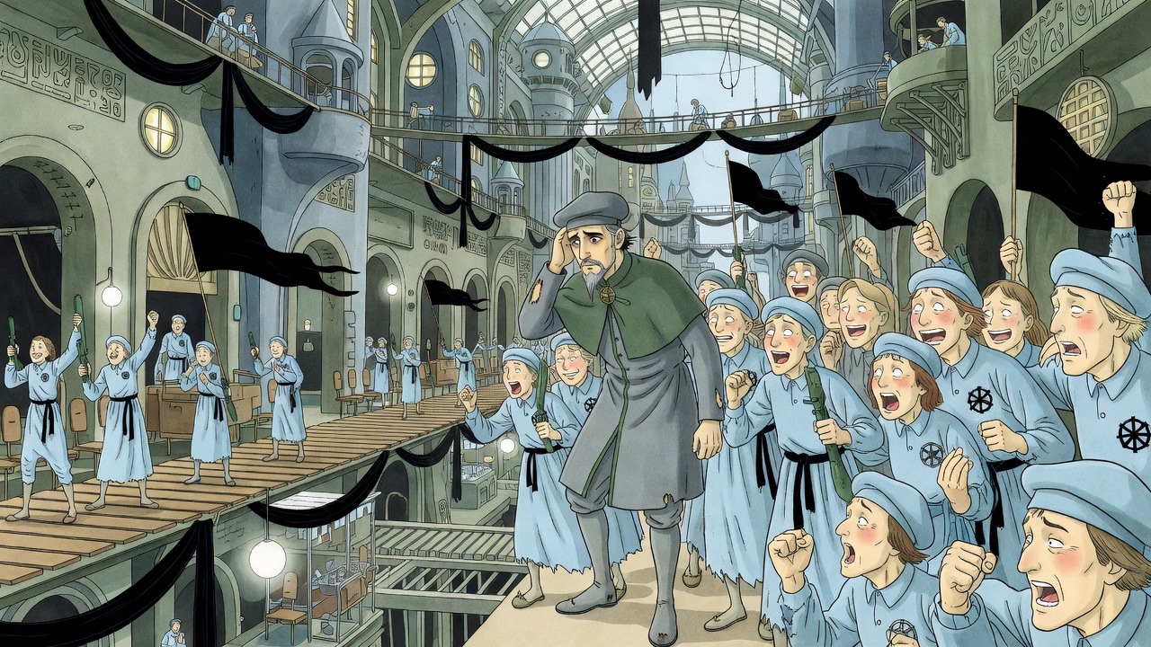 Graham is jostled in a swirling night crowd hung with black festoons.