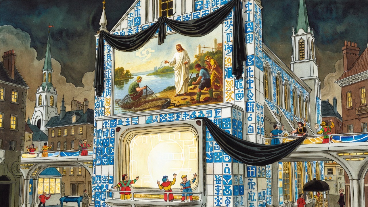 A glowing kinematograph transparency on the façade shows a luminous New Testament scene of Christ on a lakeshore.