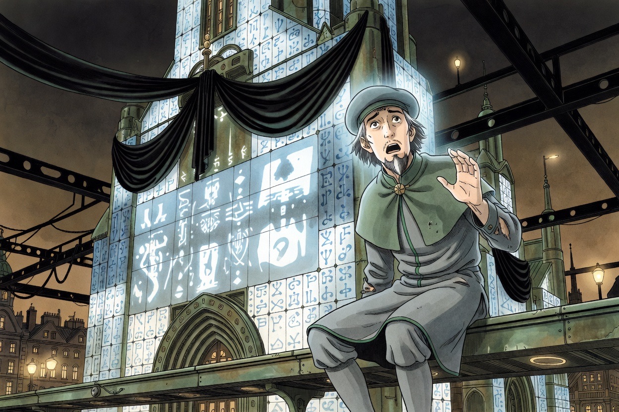 Graham, aghast, stares up at the screaming enamel temple towering over him.
