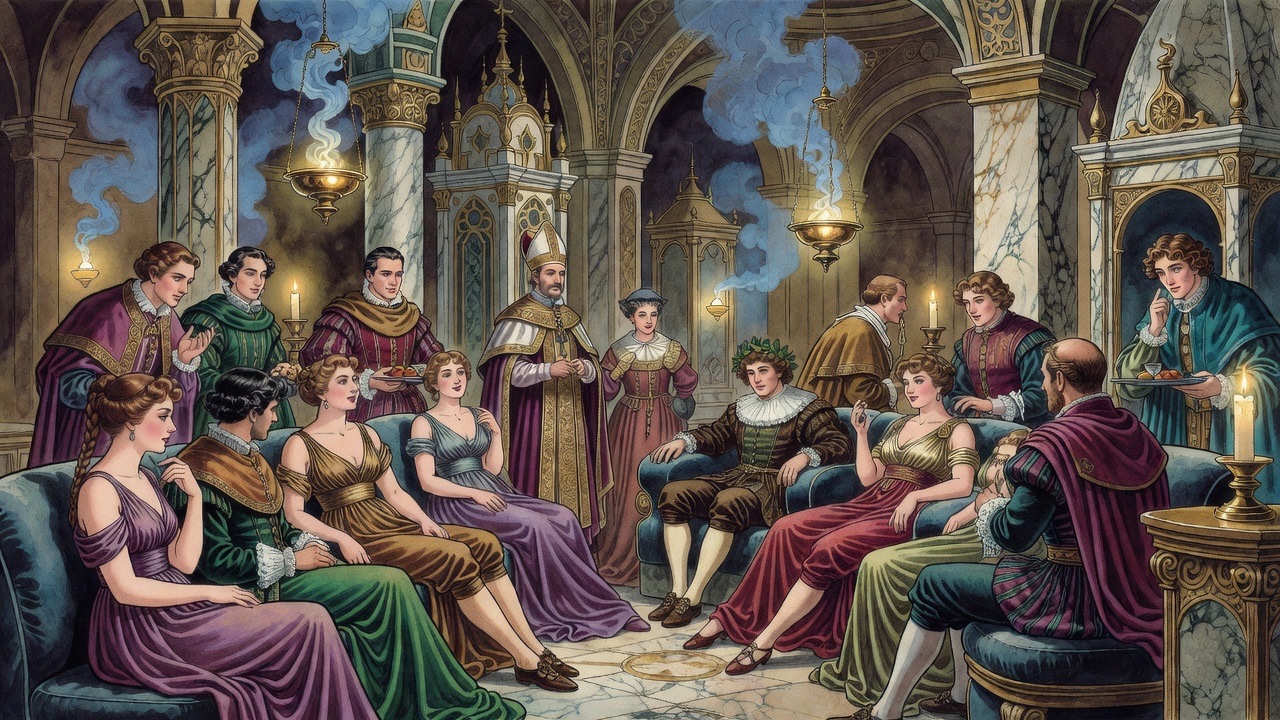 Imagined vignette: in a hushed, costly chapel, elegant worshippers are attended by priests amid incense.