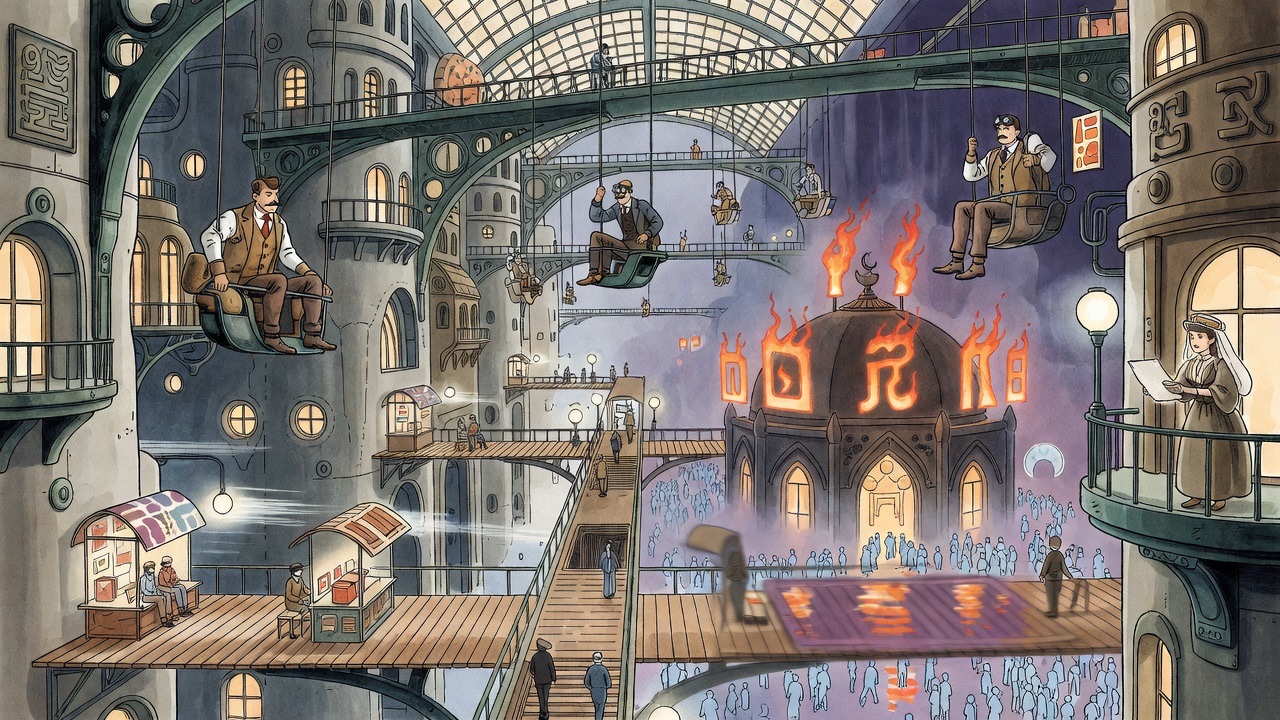 A blurred Theosophist temple flares with enormous unsteady fiery glyph-shapes above the ways.