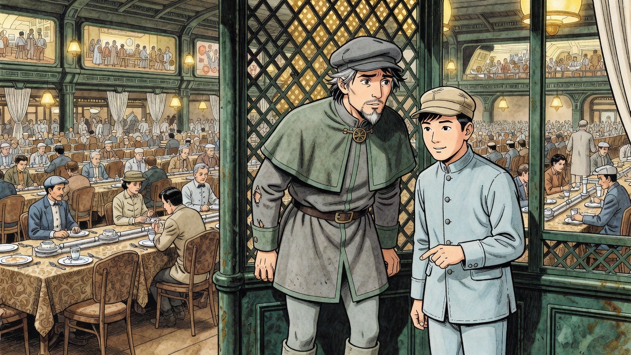 Graham and Asano peer through a lattice screen from a small gallery above a huge dining hall.