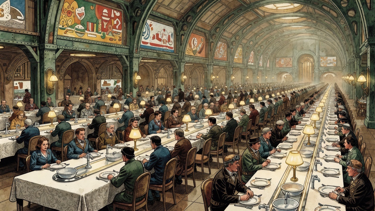 A vast dining hall of endless tables where thousands dine.