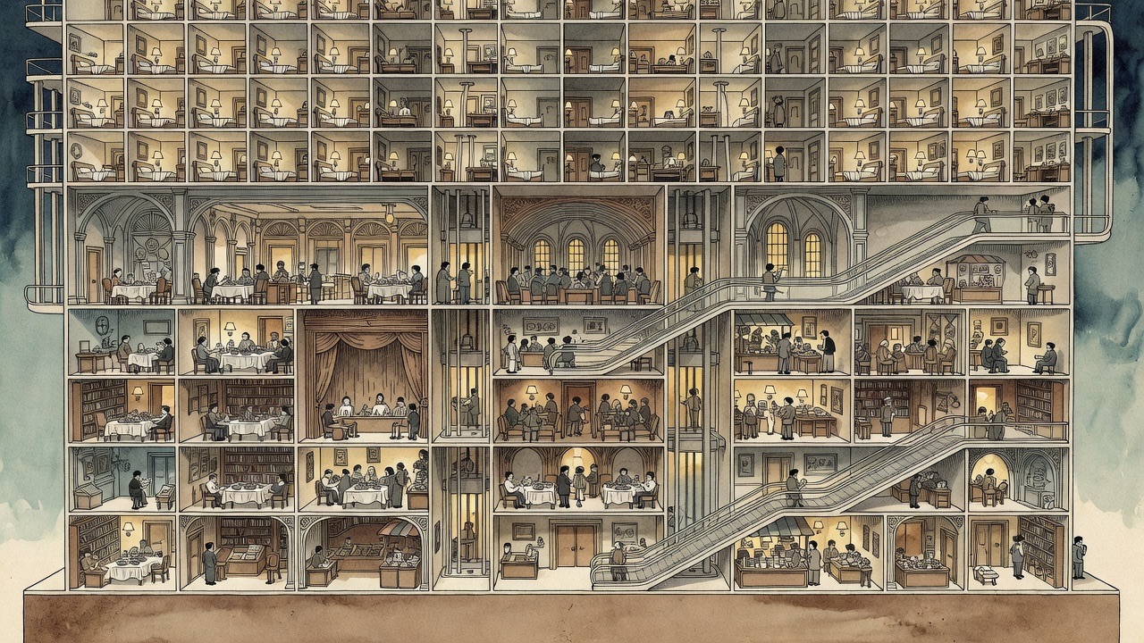 Imagined cutaway of the city as a gigantic hotel: tiers of sleeping rooms above dining halls, chapels and theatres.