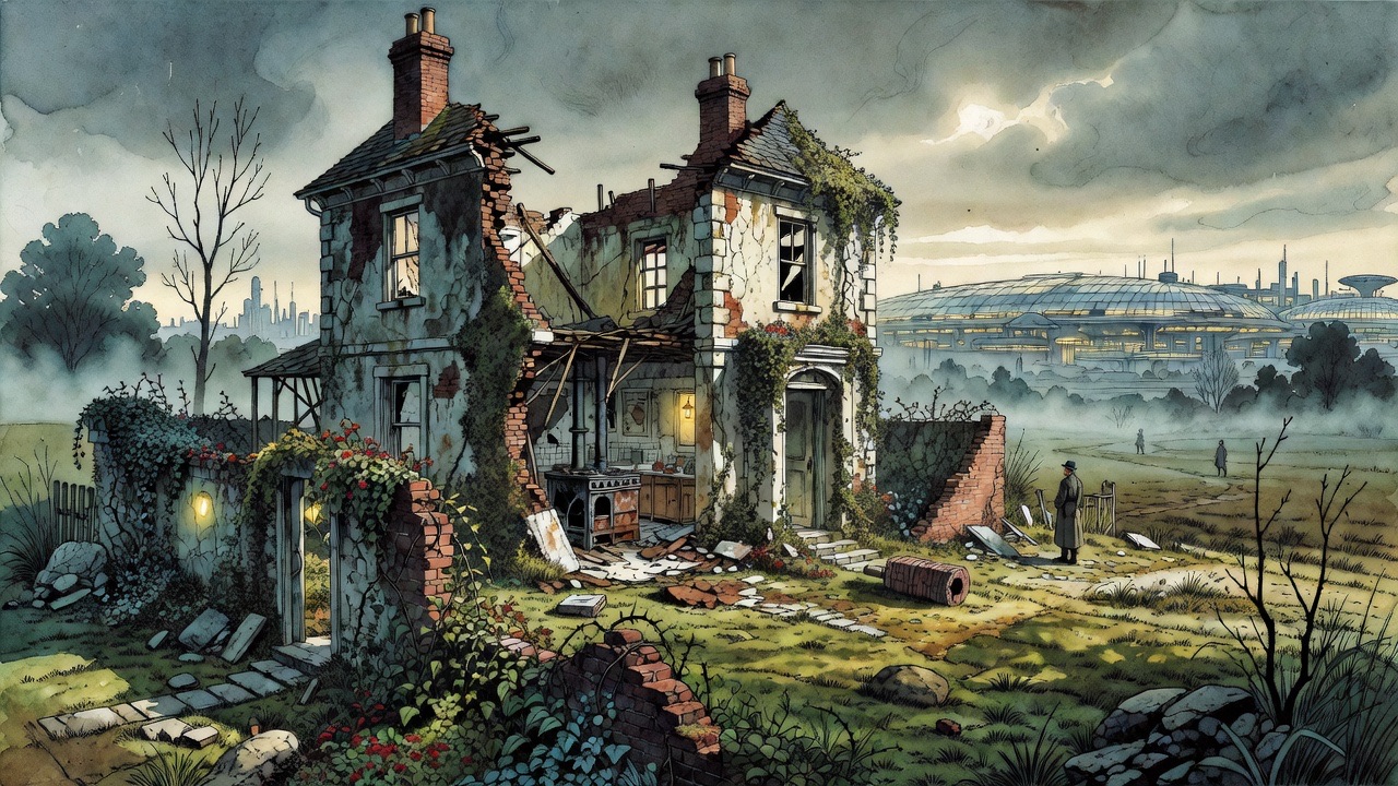 Imagined vignette: a roofless ruined Victorian brick house overgrown in the empty countryside.