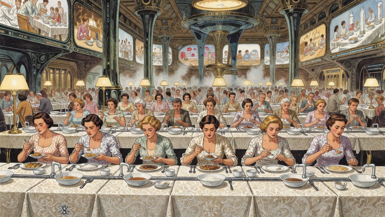 Vivacious, lightly dressed diners eat side by side at a long table, perfectly at ease.
