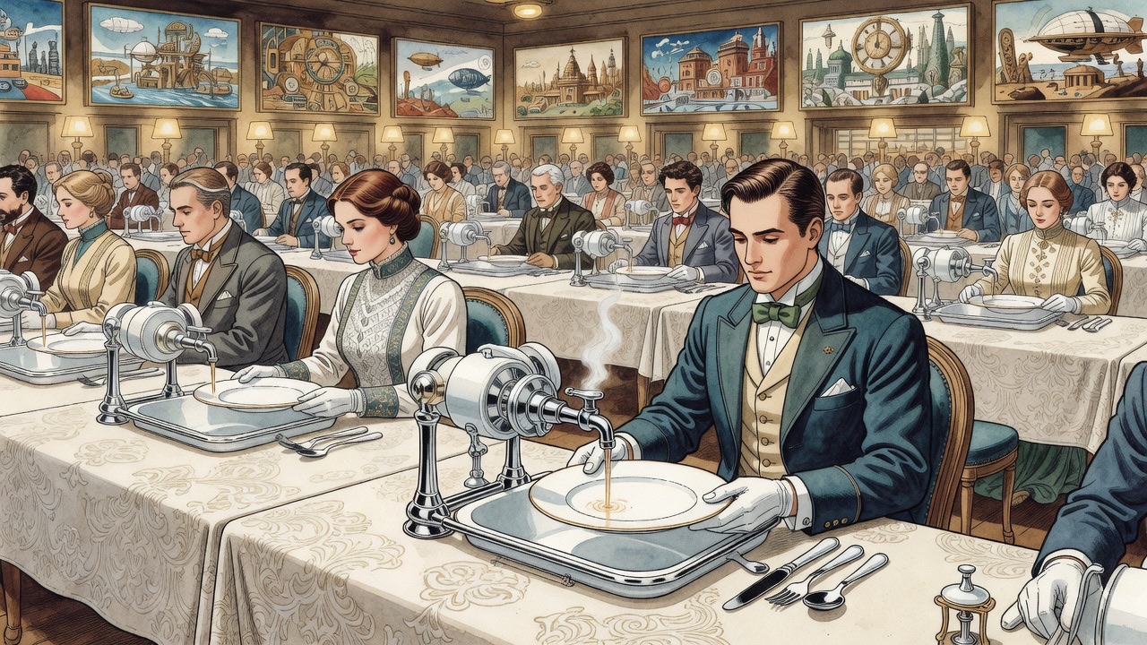 Close on a diner's hands washing a white porcelain plate at a recess of taps.