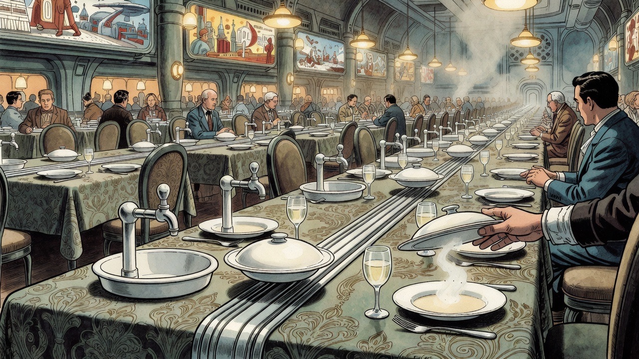 Covered dishes glide along silver rails down the length of a long table.