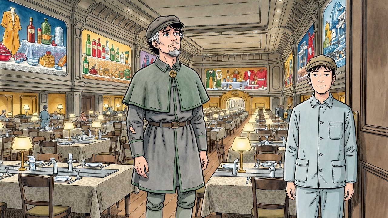 Graham, leaving, looks up at vast advertisement dioramas marching along the upper walls.