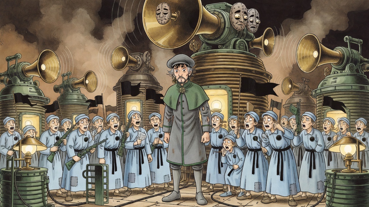 A fifty-foot Babble Machine with a brass trumpet face brays down over Graham.