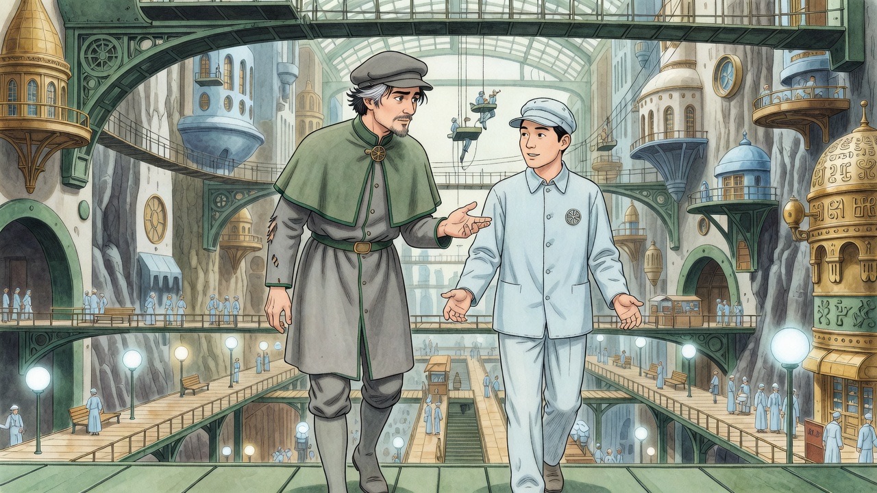 On the moving ways, Graham urgently questions Asano, who gestures reassuringly.