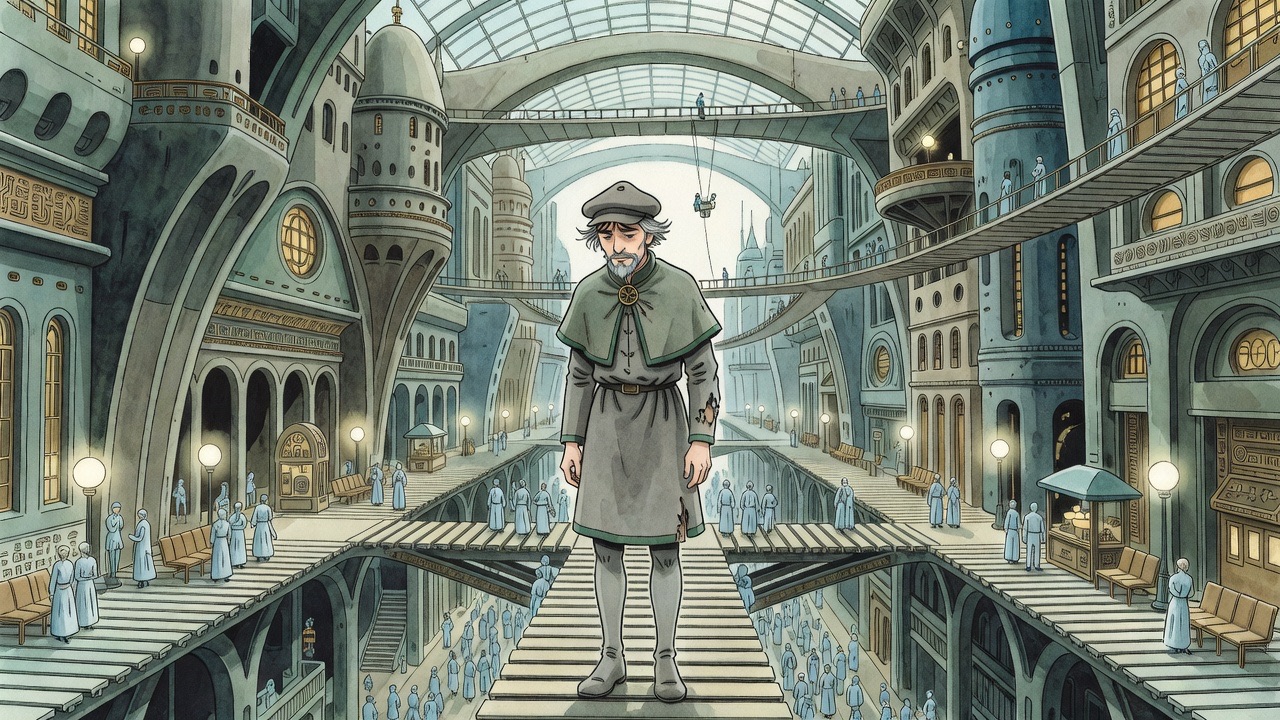 Graham stands small and helpless on a moving platform beneath towering façades.