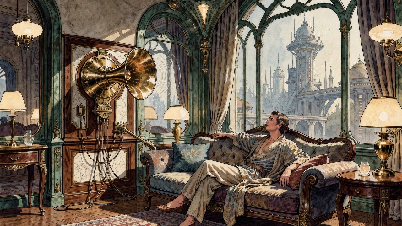 Imagined vignette: in a comfortable private apartment, a tenant pulls a lever and a wall Babble Machine speaks.