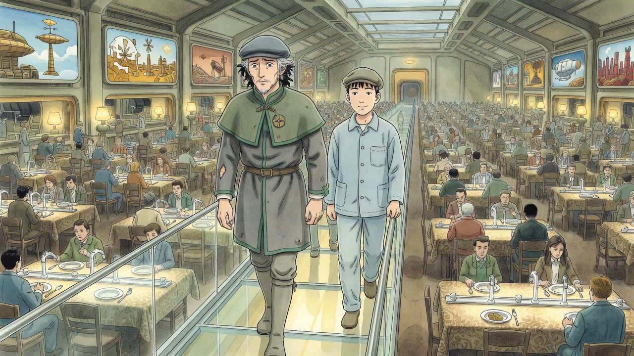 Graham and Asano cross a glass bridge angled upward over the dining hall.