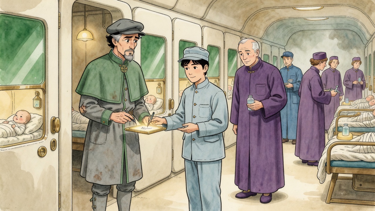 A doctor in a violet robe receives Graham at the crèche entrance, recognising him.