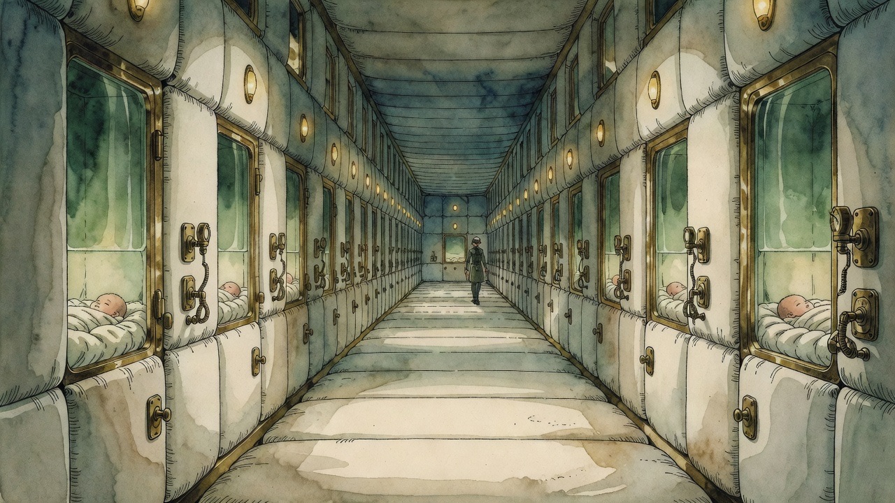 A long silent padded corridor of cell-like doors with greenish glass windows.