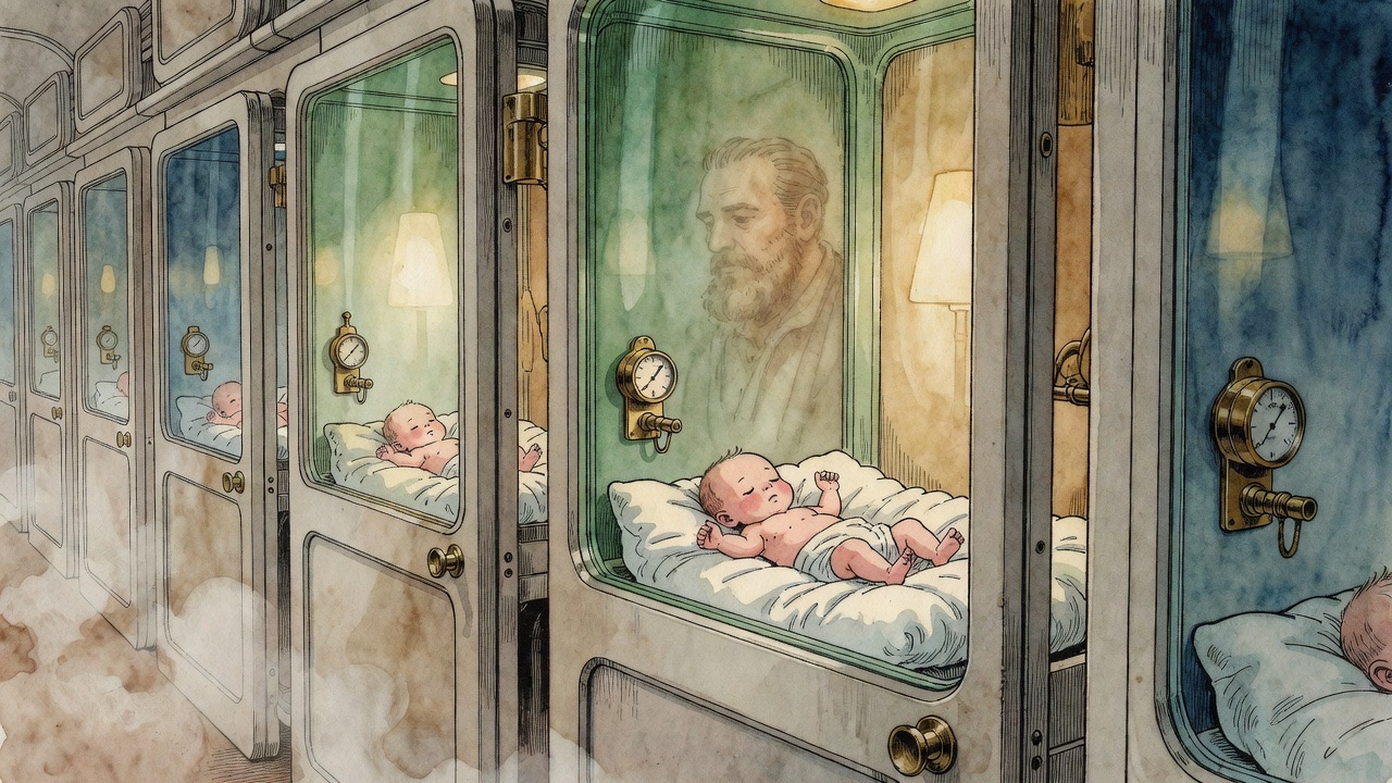 Through greenish glass, a newborn baby lies alone in a nest of wadding.