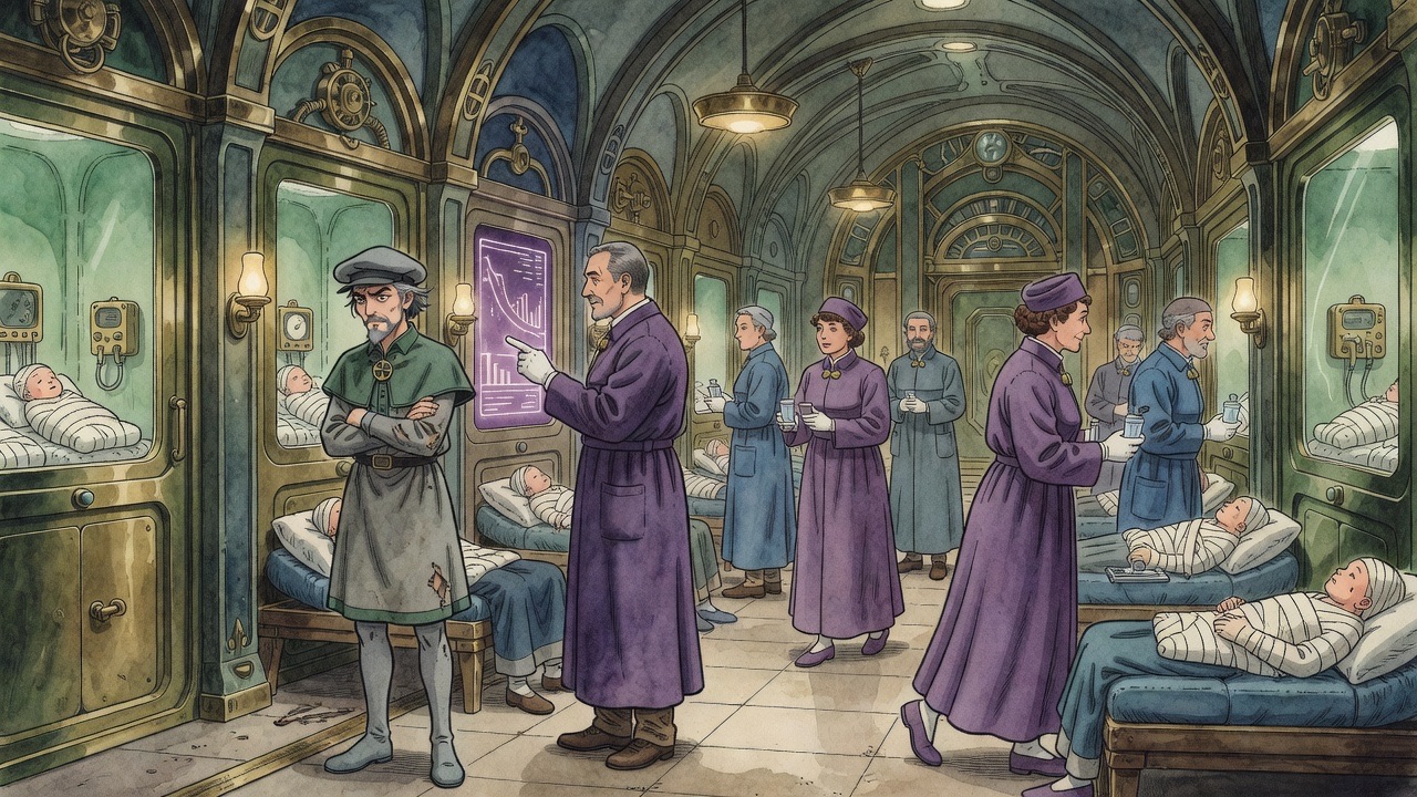 The violet-robed doctor points to a chart of curves while Graham recoils.
