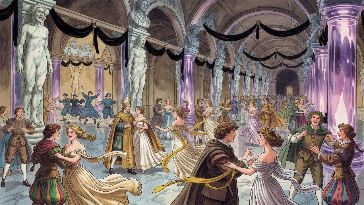 A way lined with clear amethyst pillars where a gay crowd flows amid music and a flutter of gamboge.