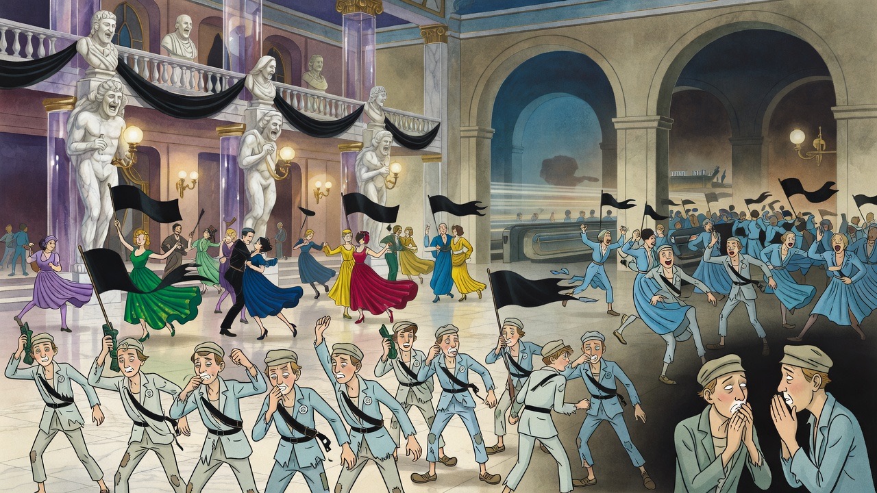 Through broad arches, poor blue-clad people dance in their rags beside the rushing ways.