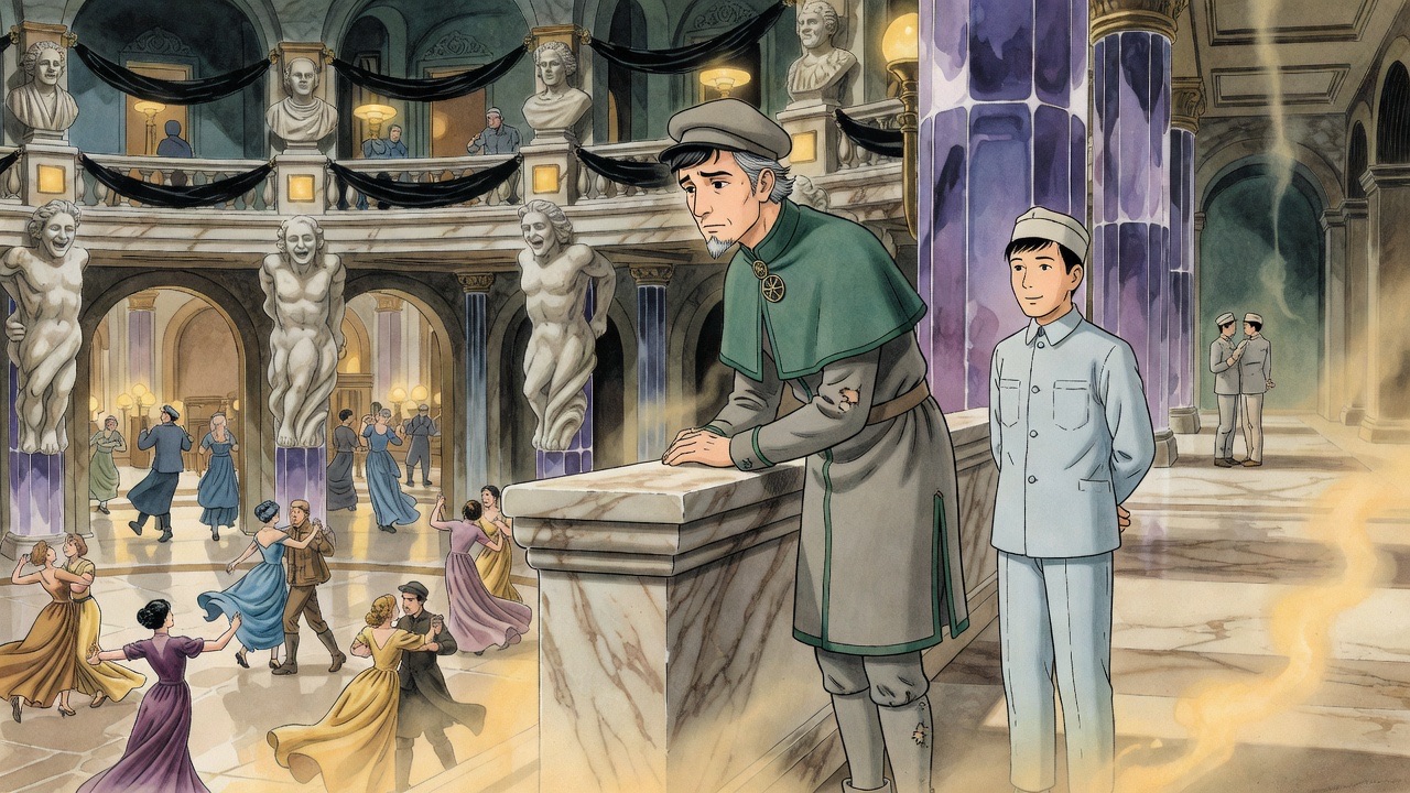Graham leans on the parapet looking down on the dancers; Asano beside him.