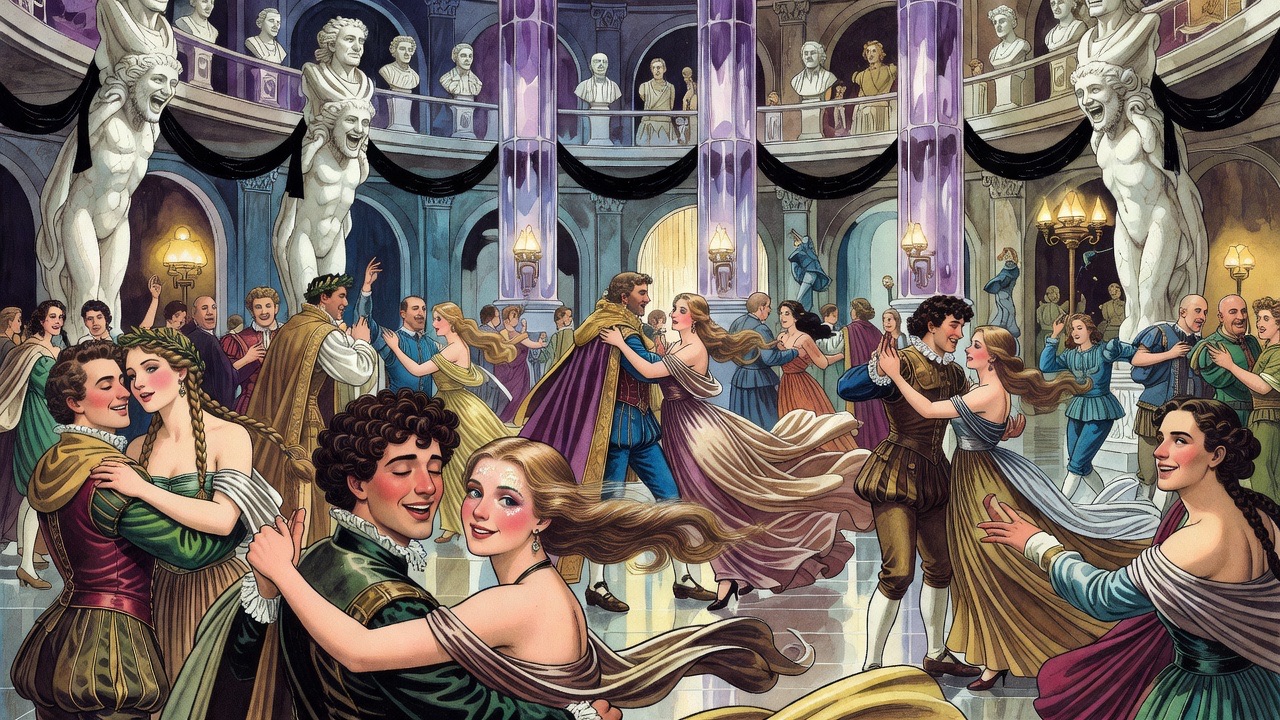 A dancing couple sweeps by in ecstasy, eyes half closed, painted cheeks flushed.