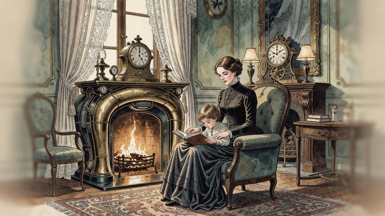 Imagined vignette: a grave, patient Victorian mother by a hearth, teaching her child.