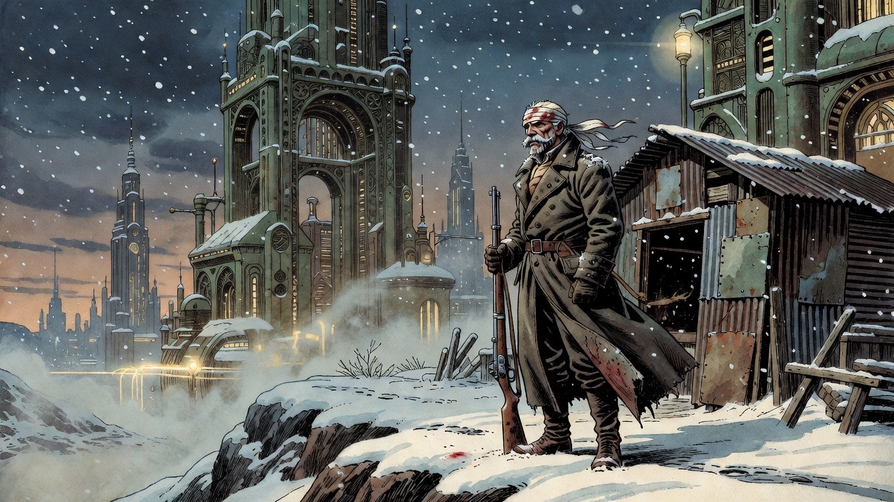 Imagined vignette: a wounded sentinel stands guard, freezing in the snow.