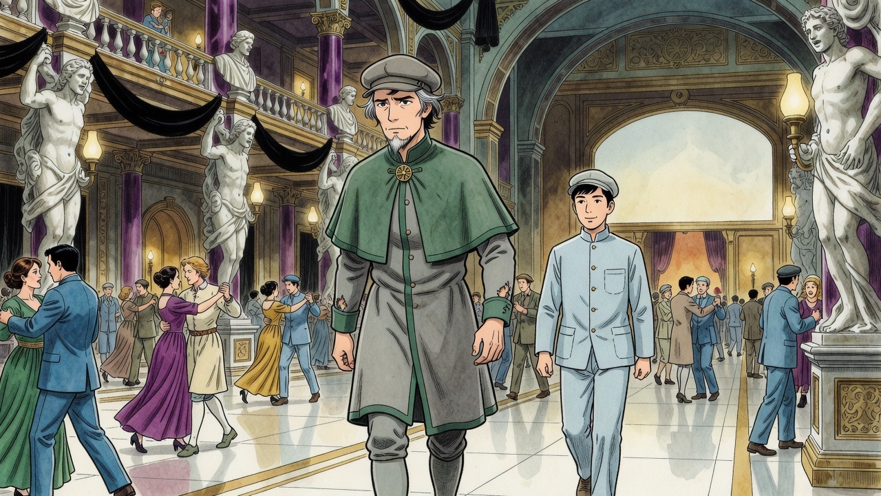 Graham turns abruptly from the dancers and strides along the gallery, Asano following.