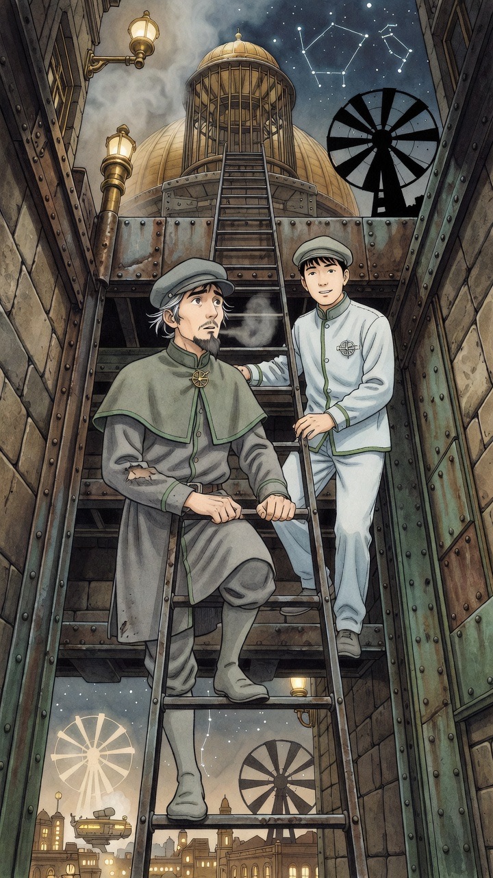 In a dark cold shaft, Graham climbs an almost vertical iron ladder after Asano.