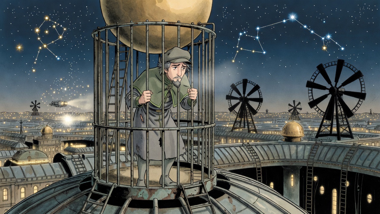 Graham grips the iron bars of the old cage beneath St Paul's golden ball, looking out over the dark roofs.