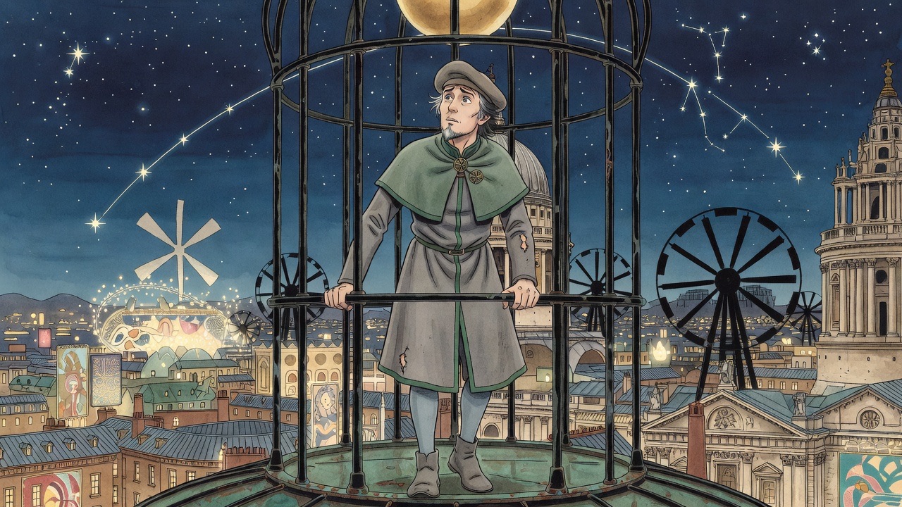 Graham looks up through the bars at the Great Bear, Capella and Vega in a clear night sky.