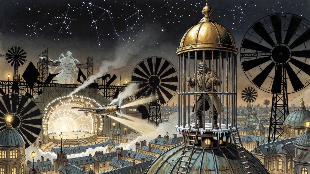 To the southwest, pale Orion hangs over ironwork and a blazing flying stage; wind-wheels blot out the east.