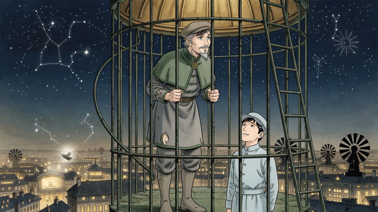Graham, in silhouette, smiles quietly at the stars as Asano waits below.