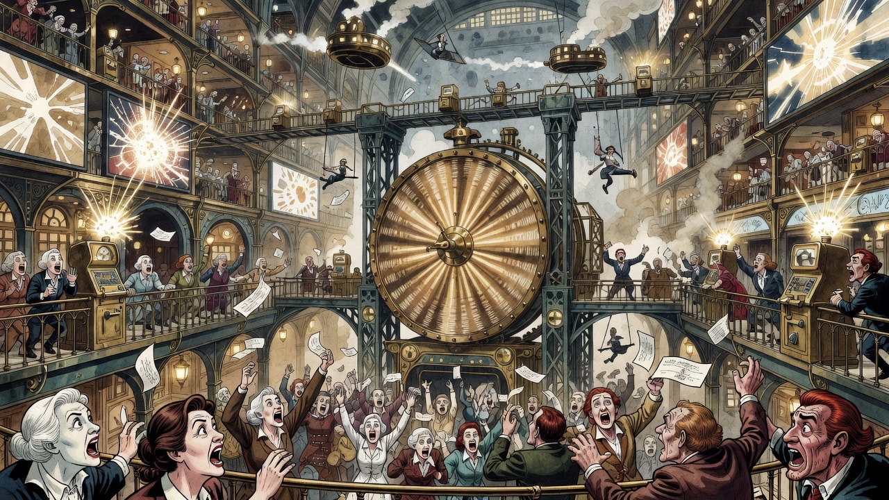 A yelping crowd of women and men buys shares while a lottery wheel spins above.