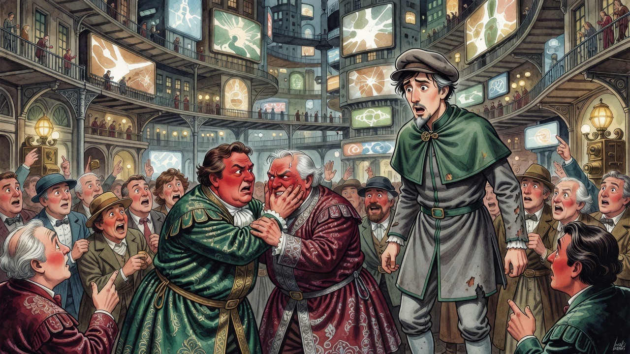 At the centre of a crowd, two prosperous merchants fight tooth and nail.
