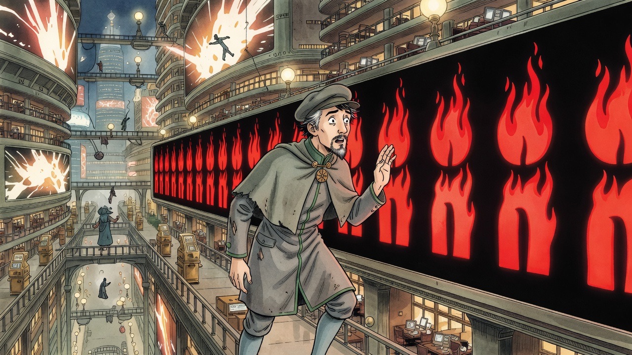 Graham recoils beneath towering letters of scarlet flame, each twice a man's height.
