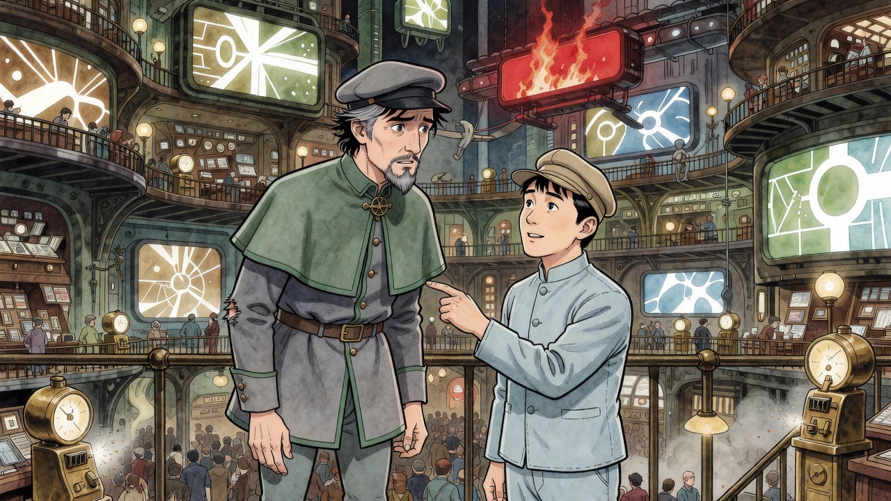 Asano points up at the flaming sign and then at Graham, who stares in disbelief.