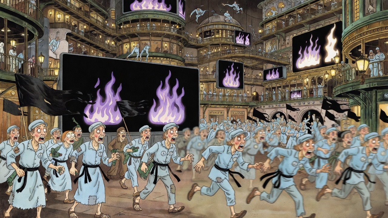 A black screen flares with purple glyphs; wild-eyed men rush past clawing the air.