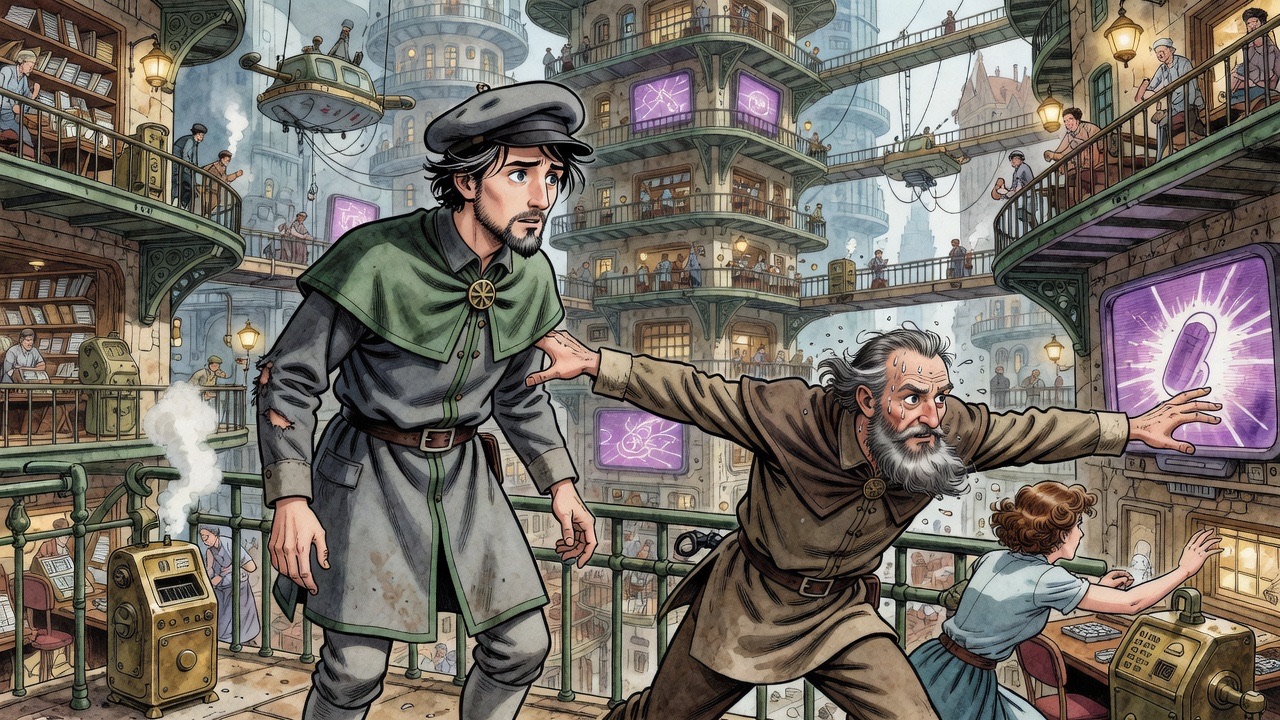 A lank, grey-bearded speculator barges between Graham and the woman toward the glaring screen.