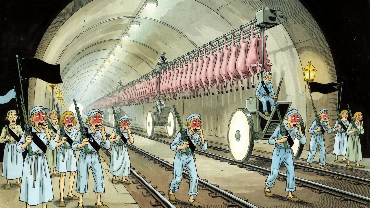 A lank, very tall wheeled carriage hung with hundreds of sheep carcasses rolls noiselessly through a vast road tunnel below the viaduct.