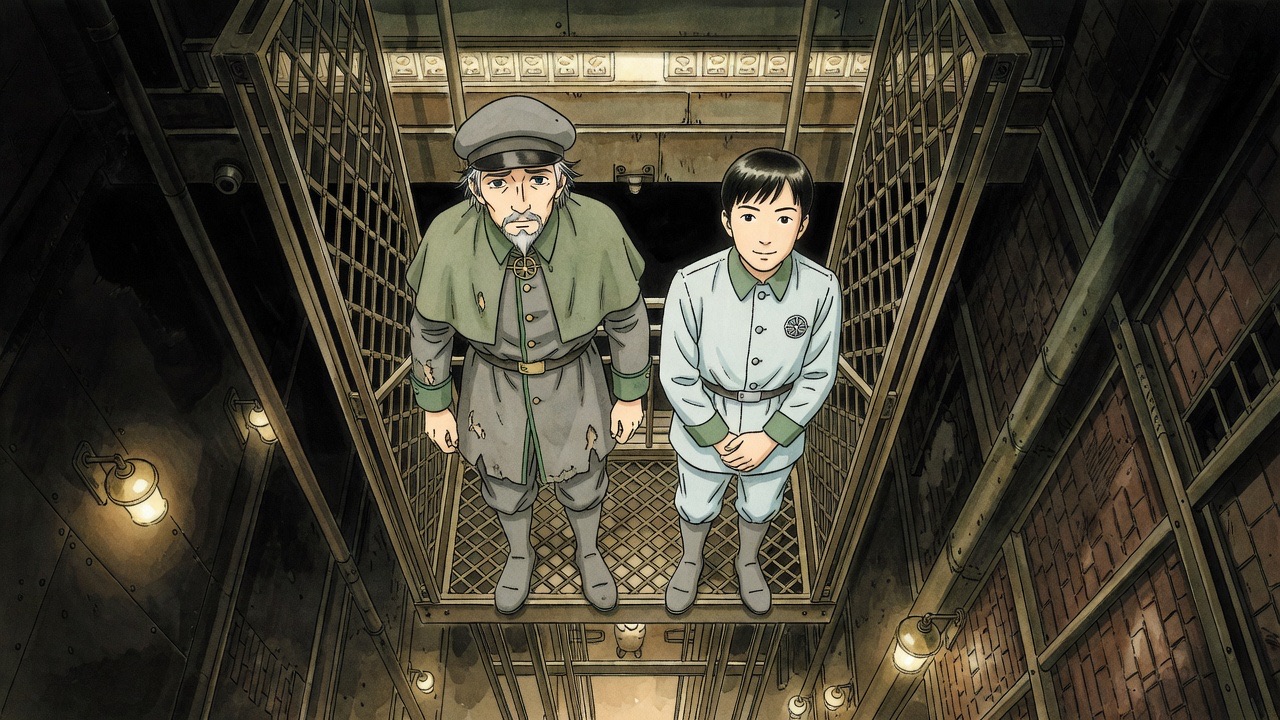 Graham and Asano stand in an open cage lift sinking down a shaft of increasingly massive, unornamented brick.