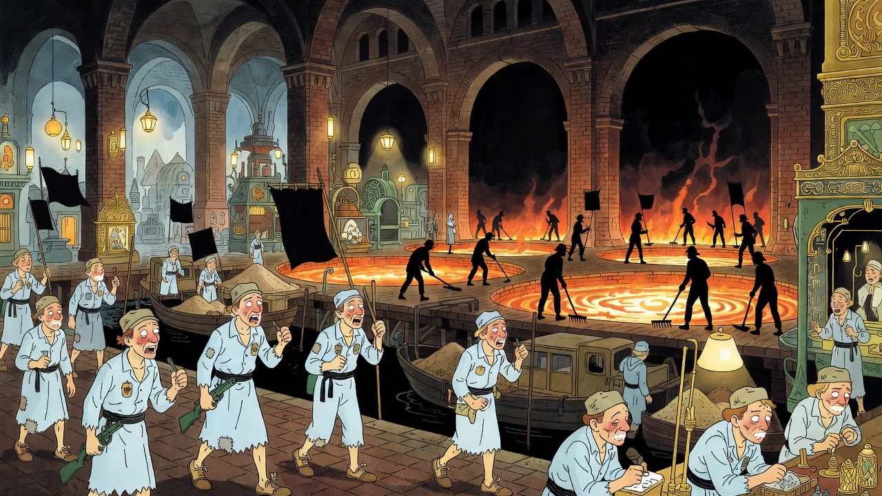 Blue-clad workers are silhouetted against incandescent lakes of molten Eadhamite in a cavernous furnace hall.