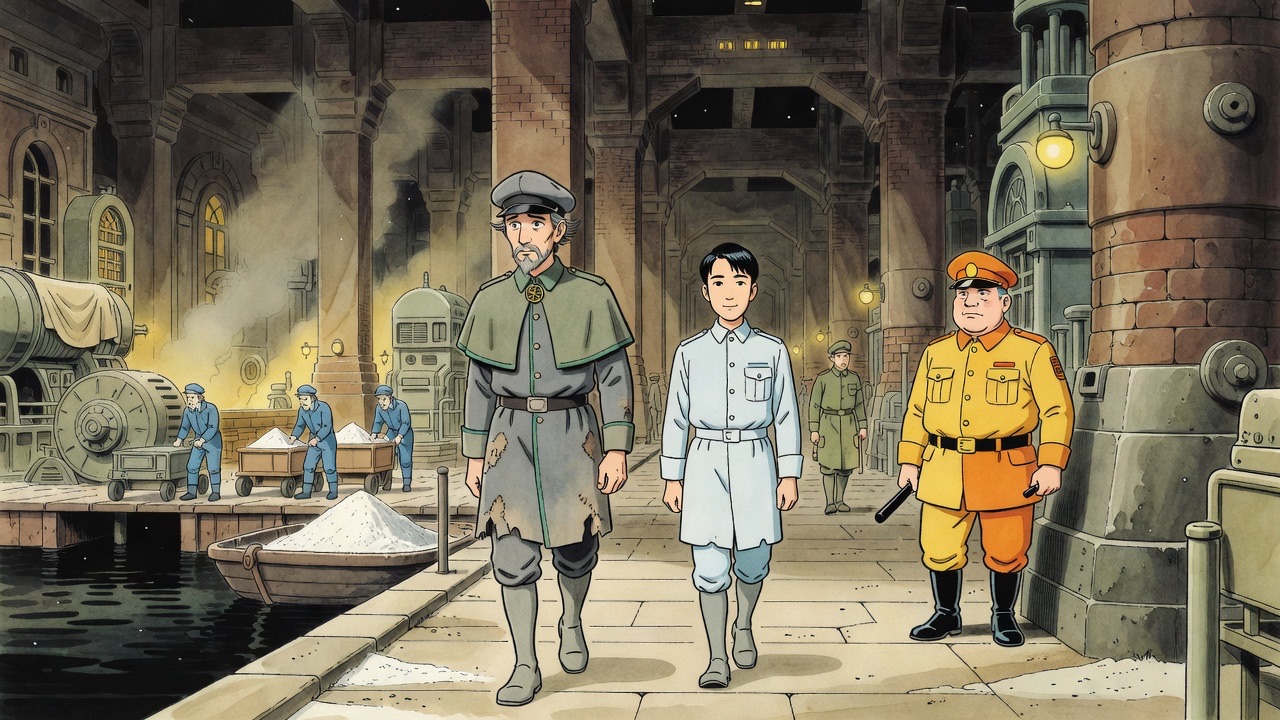 Graham and Asano walk down a long dusty gallery of idle machines and cold, raked-out furnaces while a Labour policeman watches.