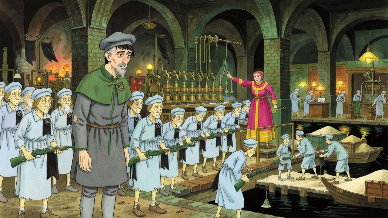 Pale, weary workers feed a clattering machine under a gaily dressed forewoman while Graham watches from the shadows.