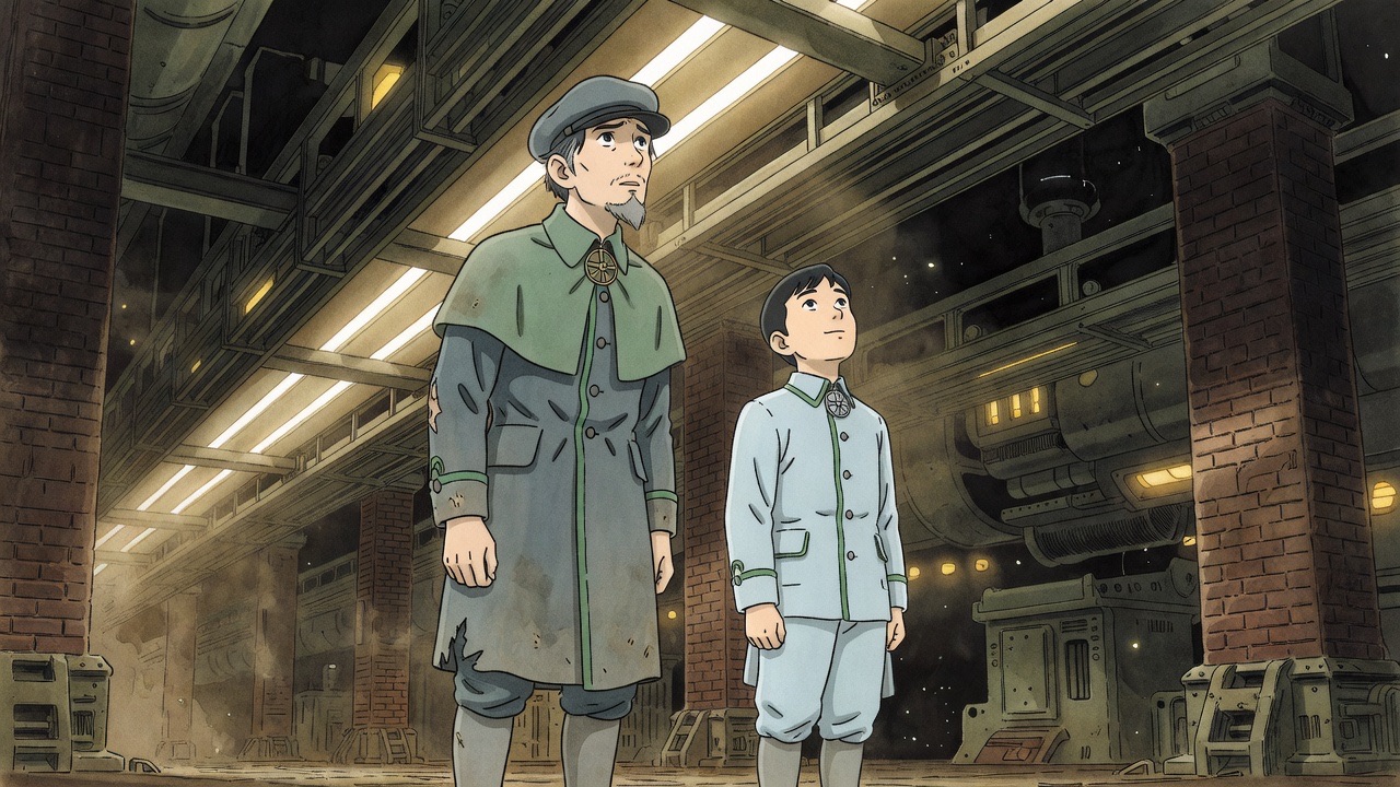 From a deep gallery, Graham and Asano look up at moving platforms running on rails far overhead, with chinks of white light between the slats.